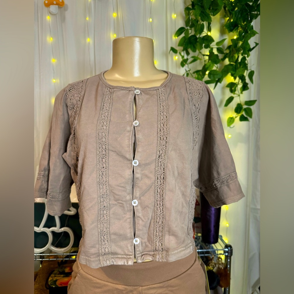 Aerie Elegant Lace Trimmed Button-Up Top